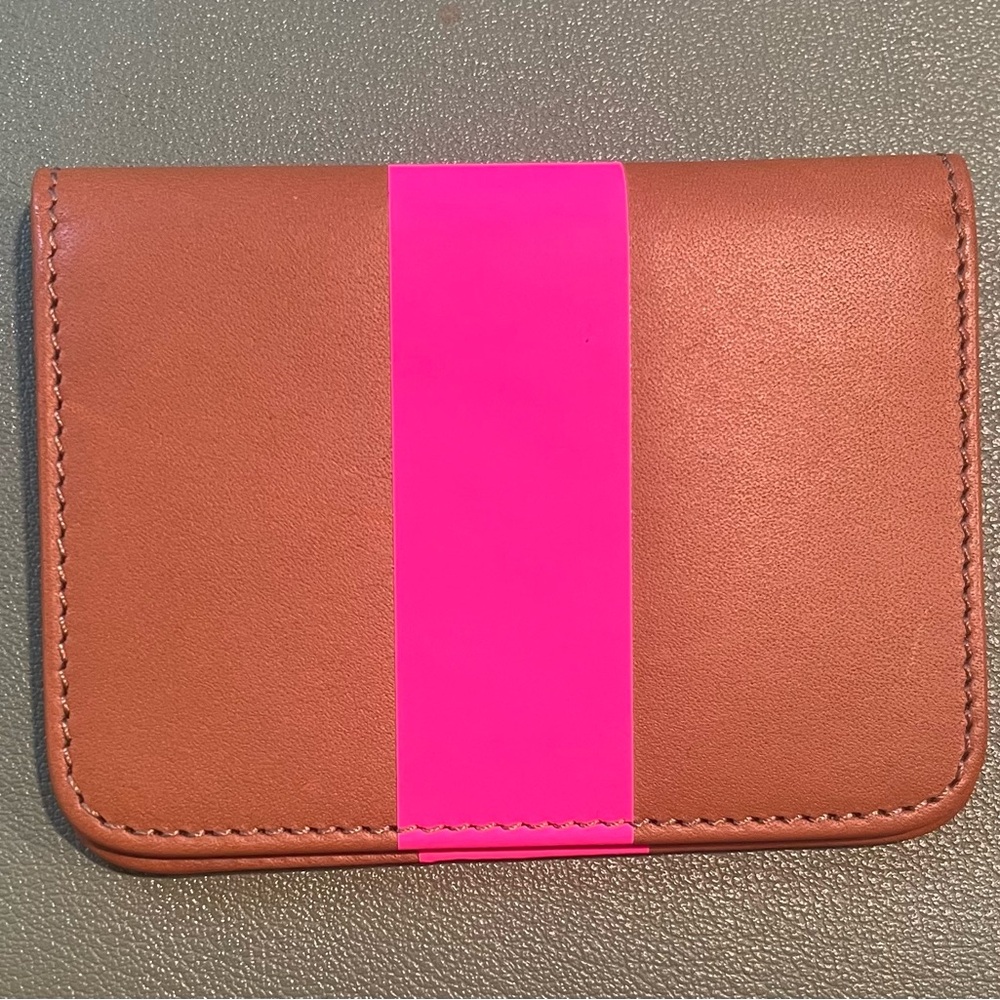 Clare V. Leather Cardholder Wallet Tan with Neon Pink Stripe Made in Italy